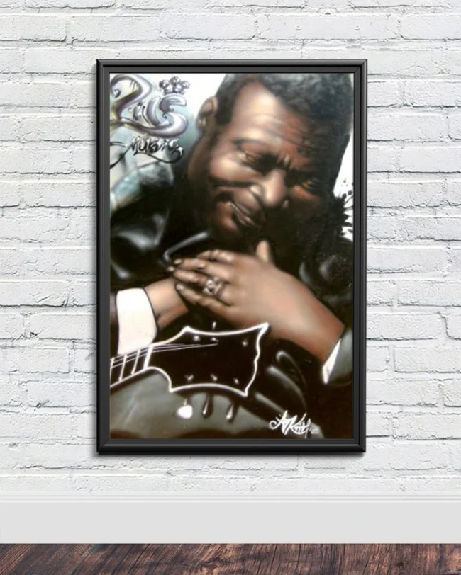 B.B. King portrait on canvas created by Kin in 2002